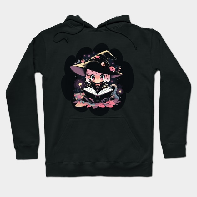 Baby Witch Sagittarius Zodiac Sign Reading Spell Book Chibi Style Hoodie by The Little Store Of Magic